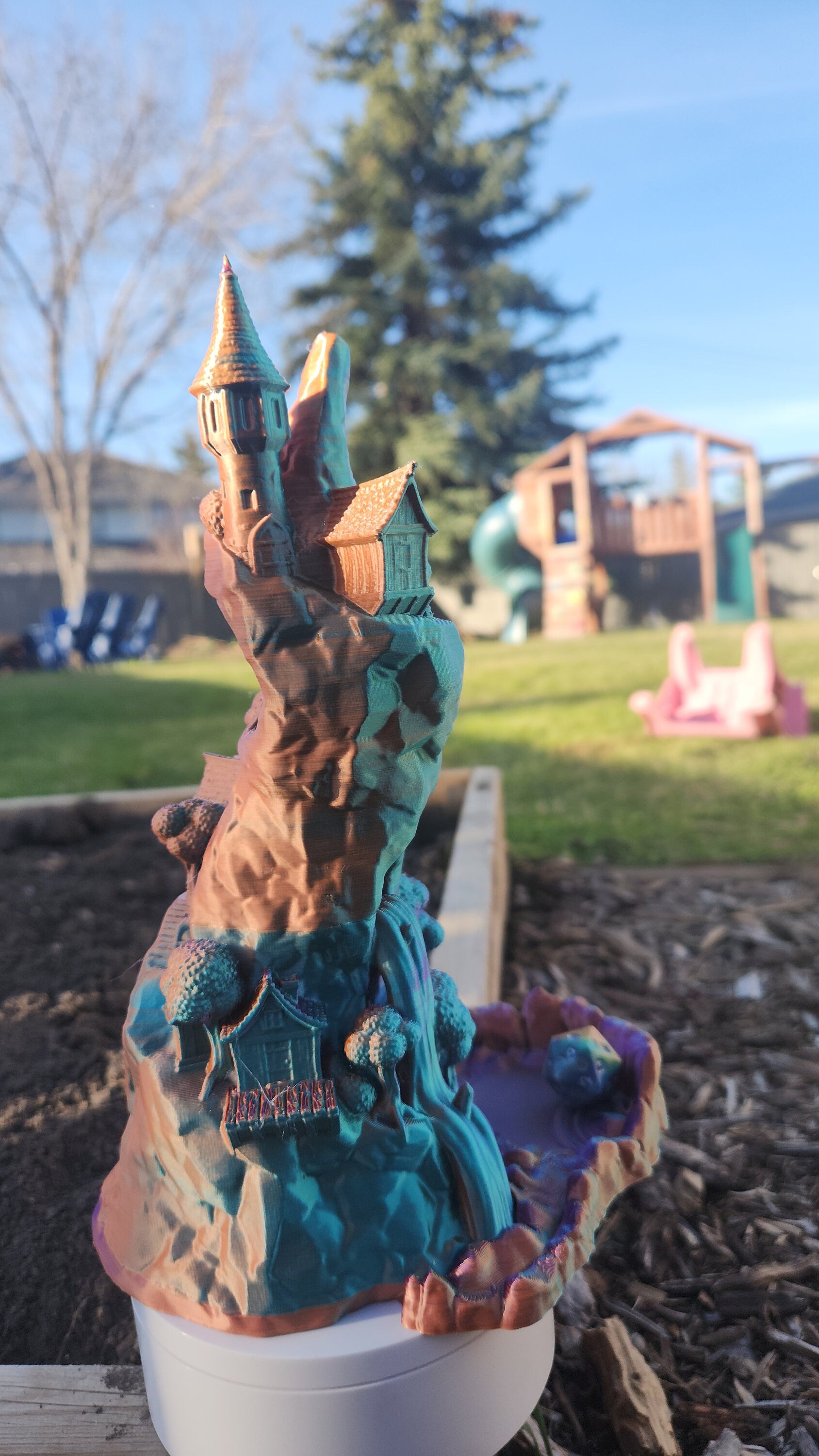 Mountain Village Dice Tower - Fantasy 3d Tabletop | Big Fungus Terrain for Roleplaying and Gaming | Tricolor | Rainbow | Color Changing