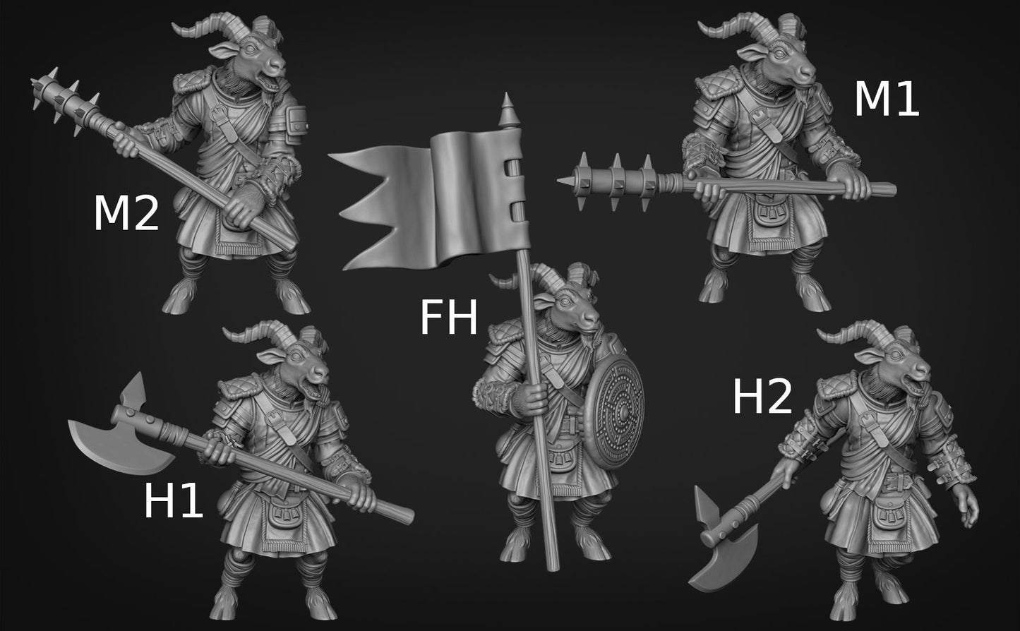 Gruff Goat Warriors - Goonmaster | Wargaming | Roleplaying Games | 32mm | Axe | Bag Pipes | Mace | Banner