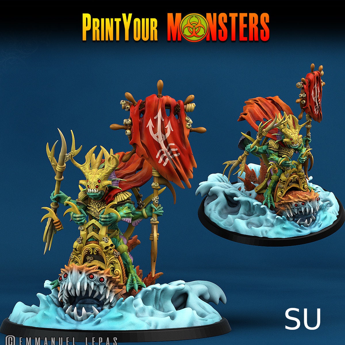 Mutant Shark Riders - Print Your Monsters | D&D | 32mm | Sea Monster | Hammerhead | Fishfolk