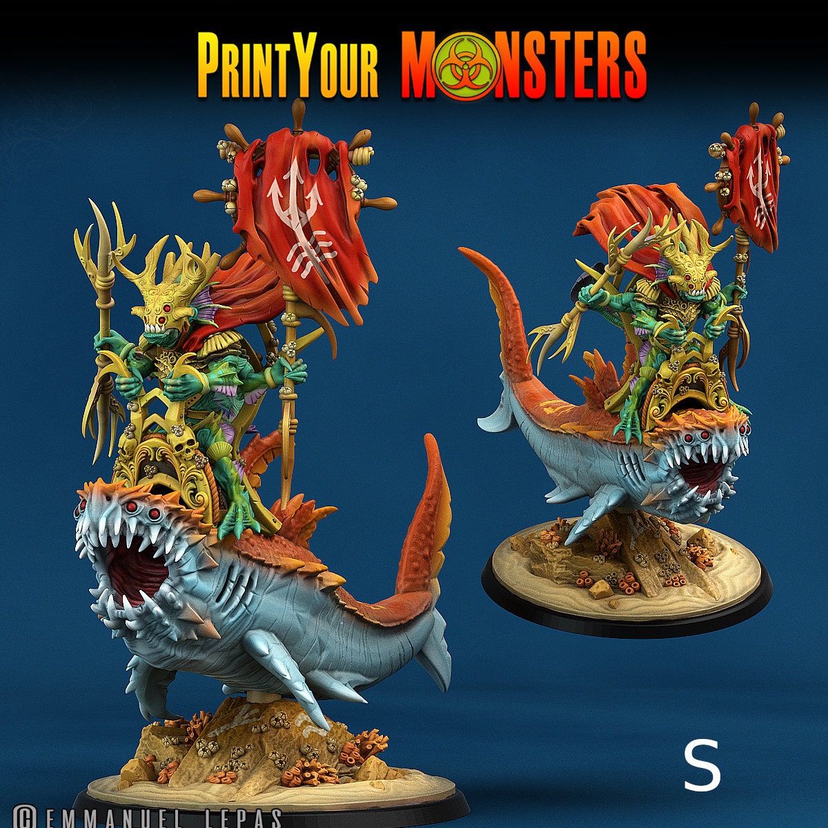Mutant Shark Riders - Print Your Monsters | D&D | 32mm | Sea Monster | Hammerhead | Fishfolk