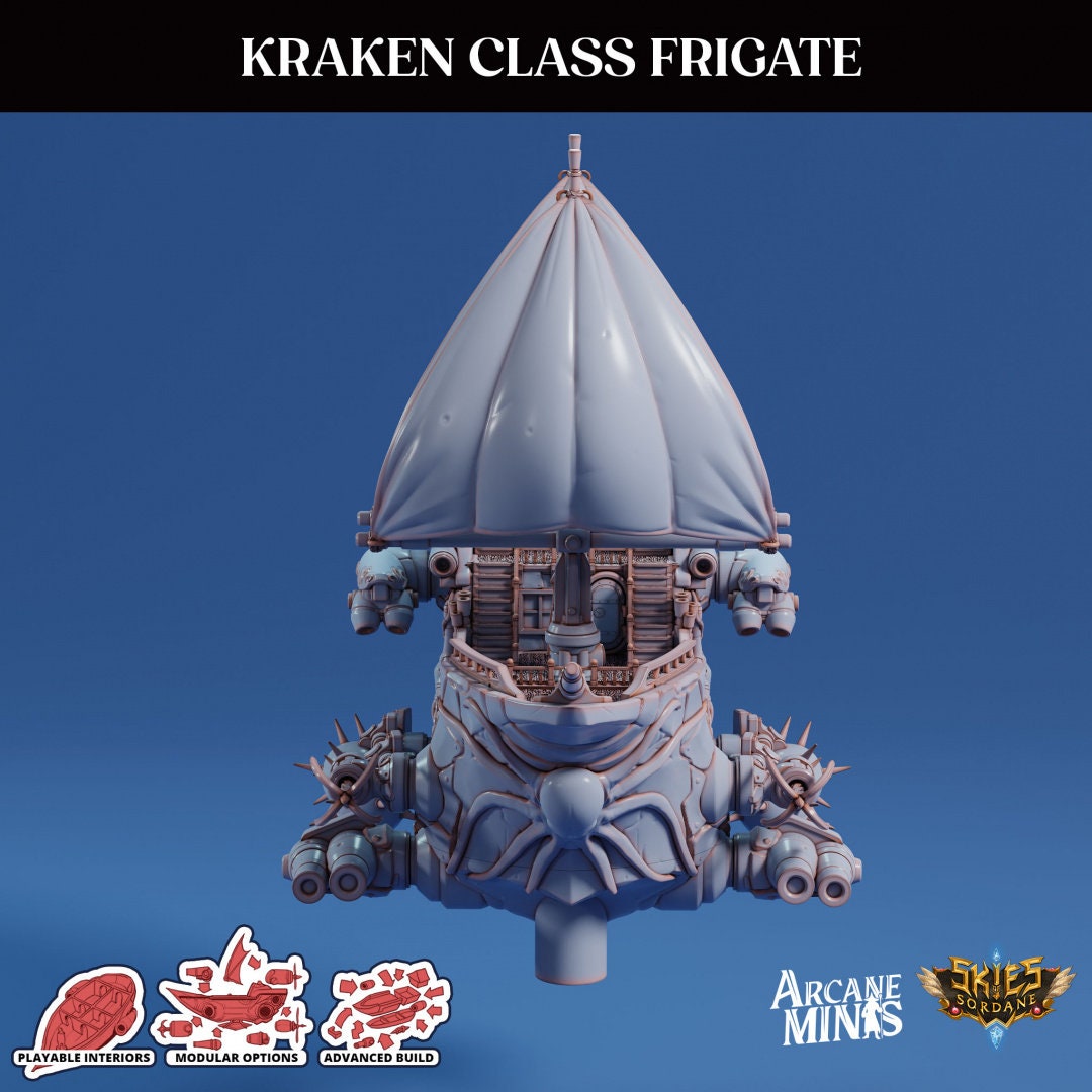 Kraken Class Frigate - Arcane Minis | 32mm | Destroyer | Airship | Sails | Pirate Ship