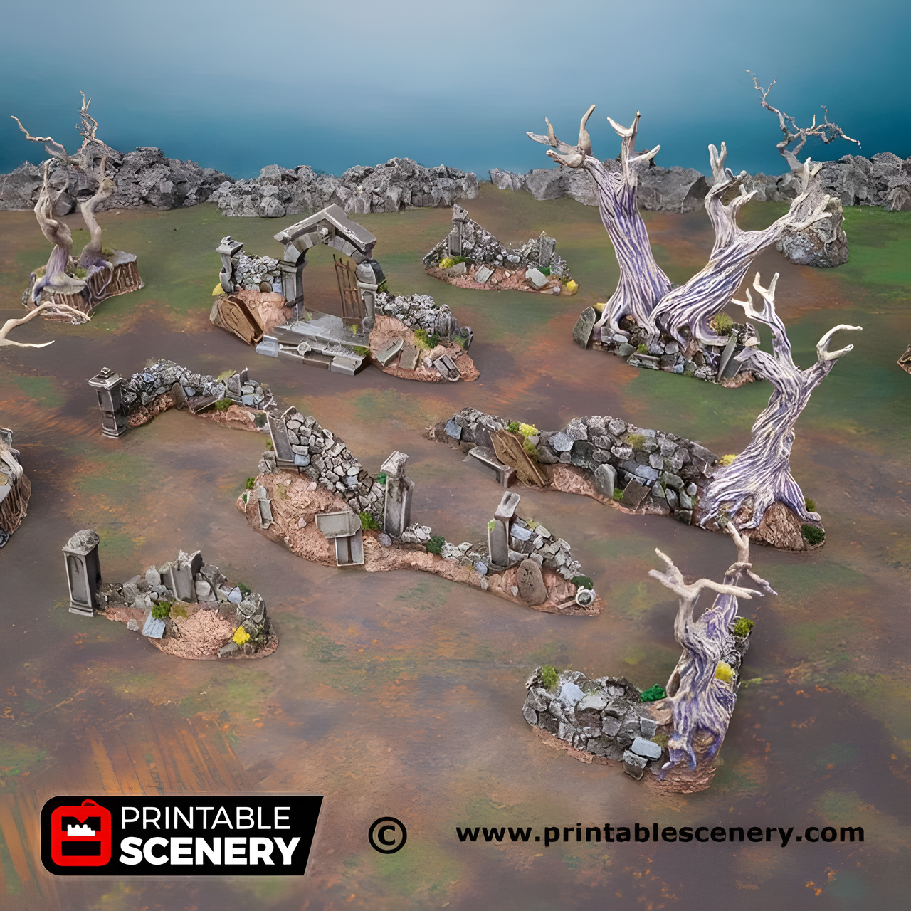 Hallowed Graveyard Walls, 15mm, 28mm, 32mm - Printable Scenery