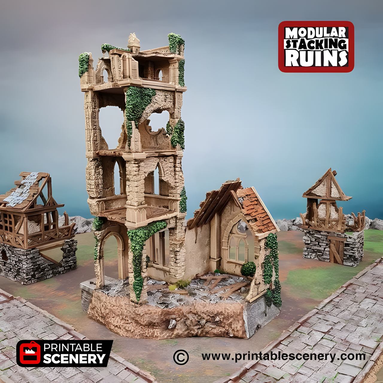 Bell Tower and Sept, 15mm, 28mm, 32mm - Printable Scenery