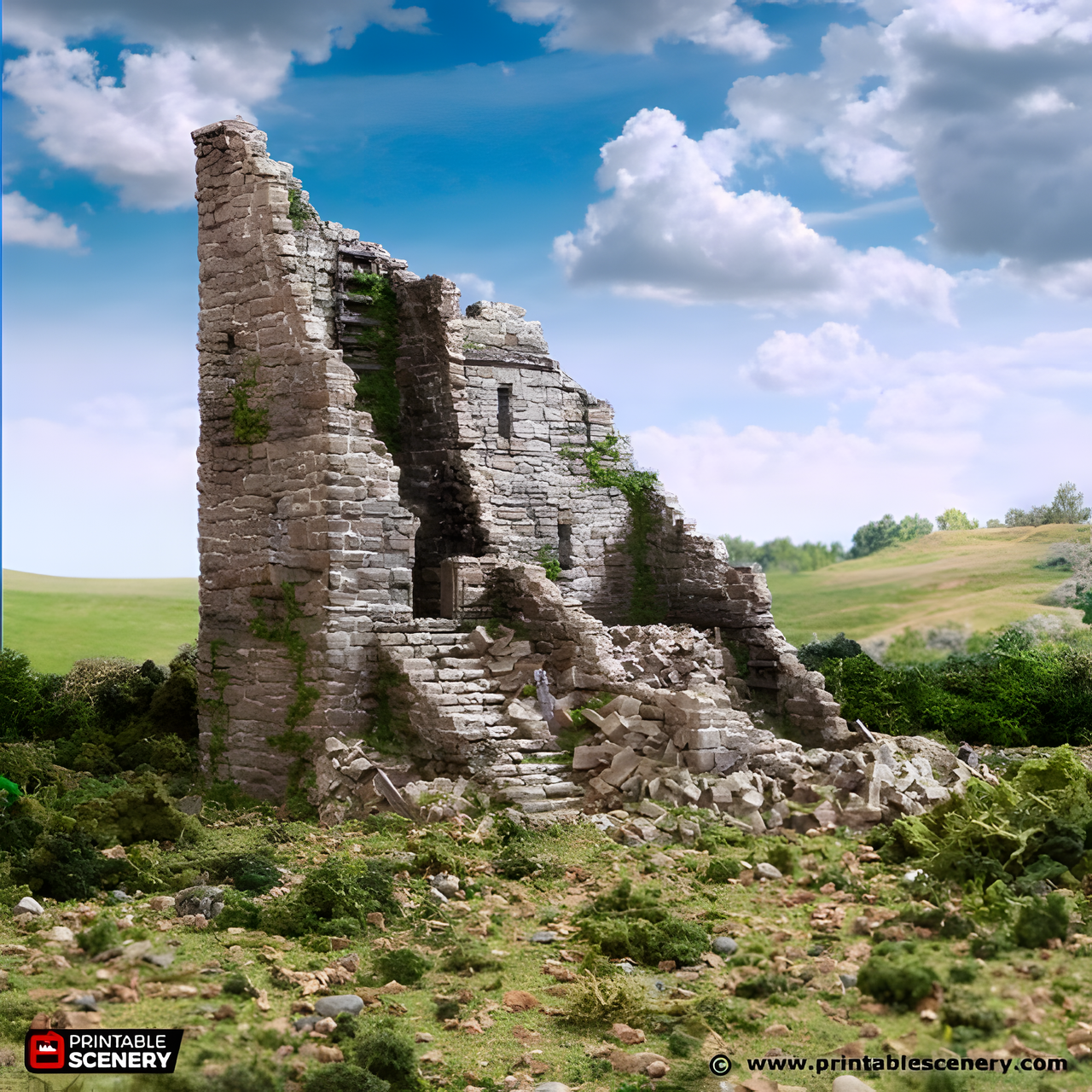 Ruined Norman Stone Fort. King and Country, 15mm, 28mm, 32mm - Printable Scenery