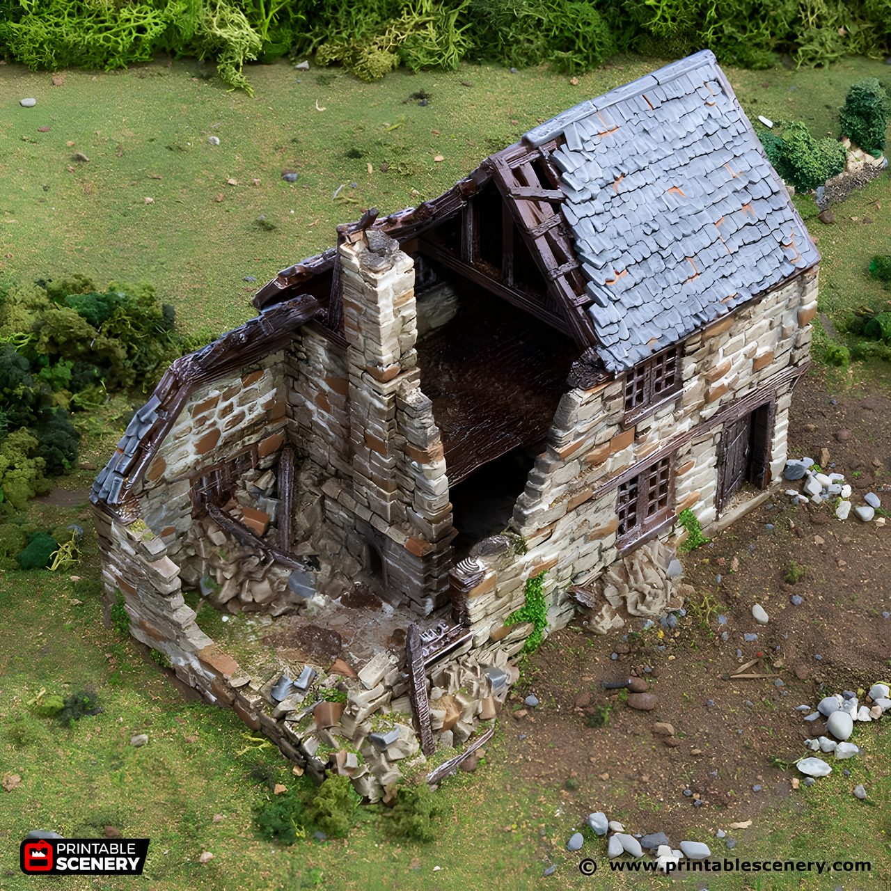 Ruined Hollyhock Cottage. King and Country, 15mm, 28mm, 32mm - Printable Scenery