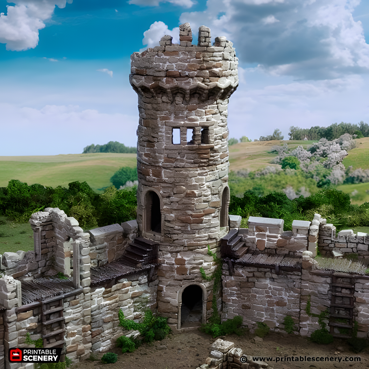 Ruined Kings Round Tower. King and Country, 15mm, 28mm, 32mm - Printable Scenery