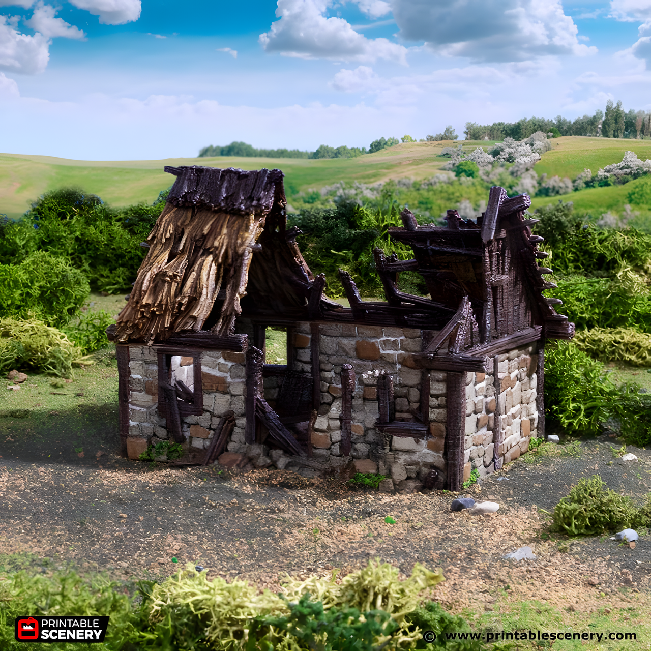 Ruined Norman Stone Barn. King and Country, 15mm, 28mm, 32mm - Printable Scenery
