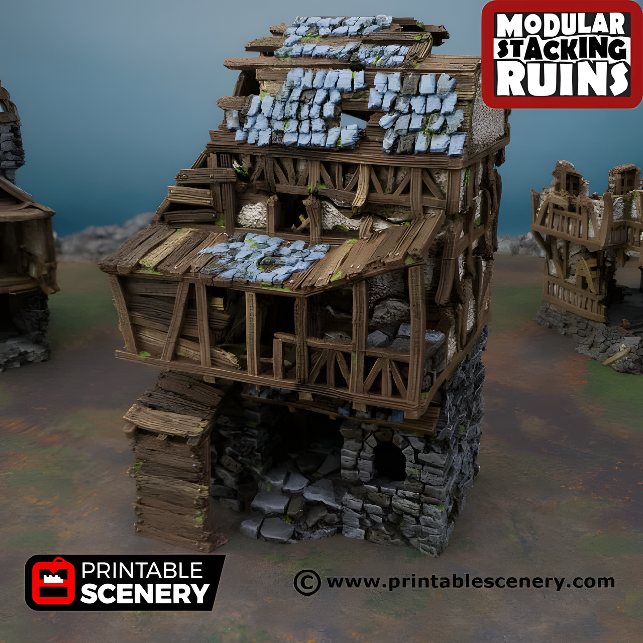 Ruined Gatehouse West Wing, 15mm, 28mm, 32mm - Printable Scenery