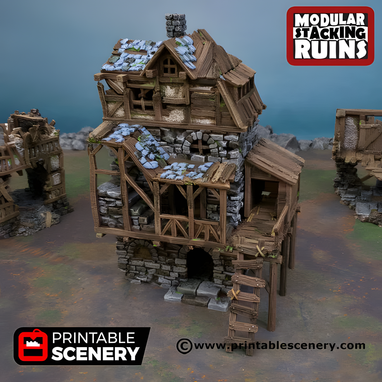 Ruined Gatehouse East Wing, 15mm, 28mm, 32mm - Printable Scenery