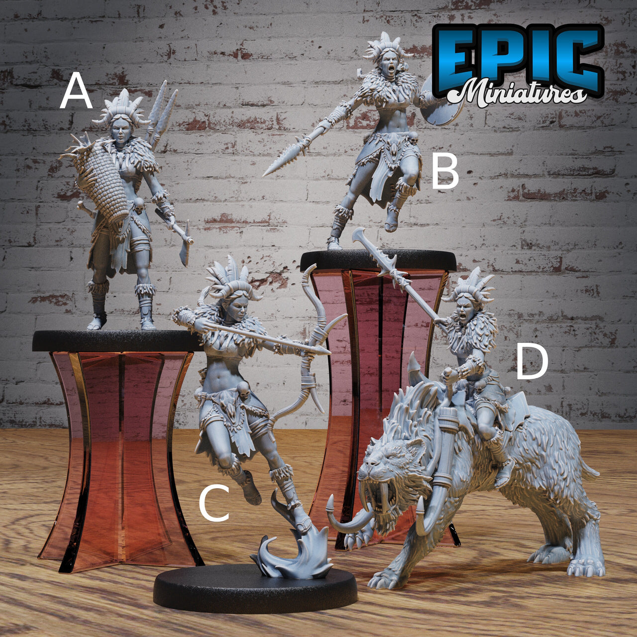 Barbarian Tribe Female - Epic Miniatures | 32mm | Ice Age Madness | Fighter | Warrior | Archer | Sabertooth Tiger Mount