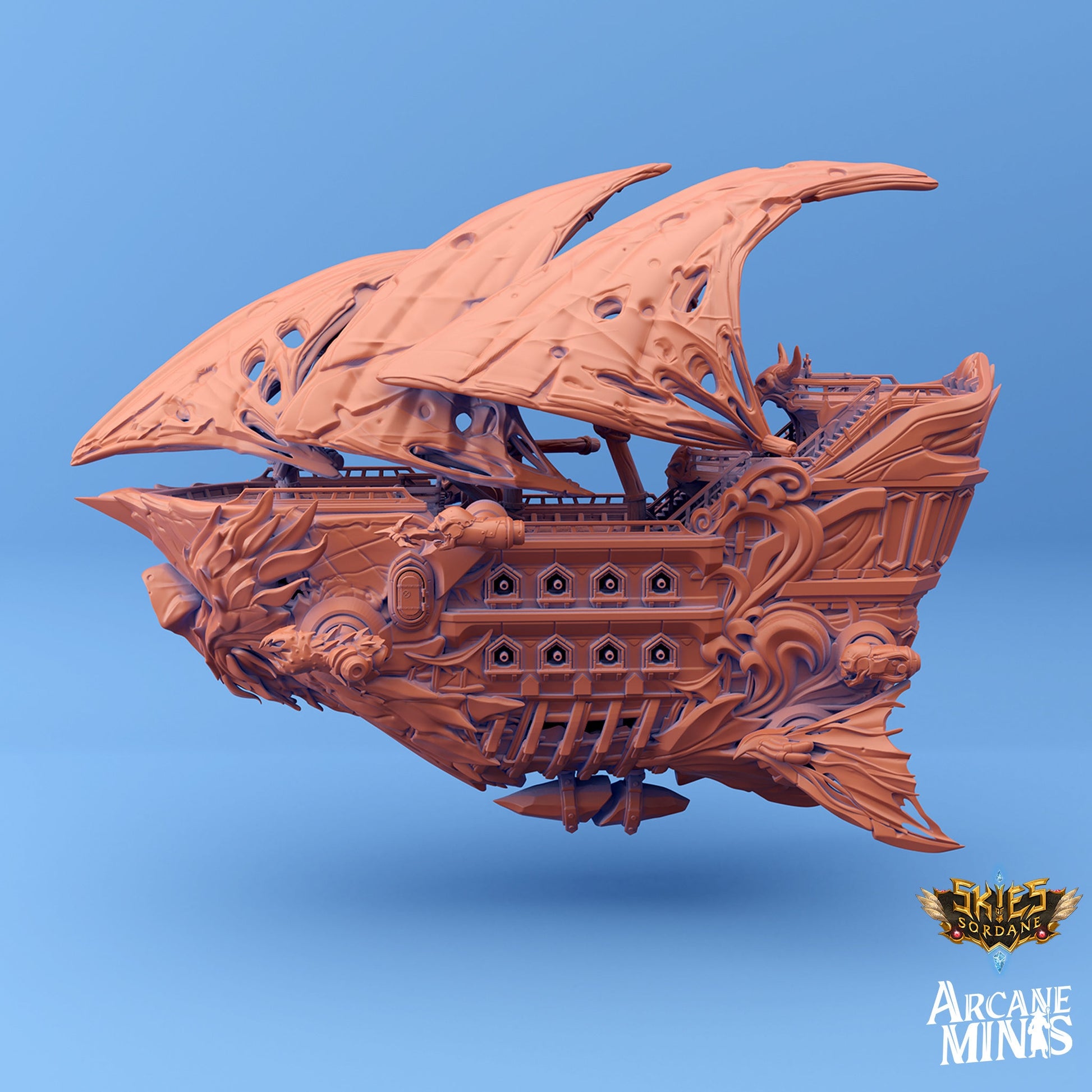 Carcassite airship, Umierta Undead - Arcane Minis | 32mm | Destroyer | Sails | Pirate Ship | Ghost Ship