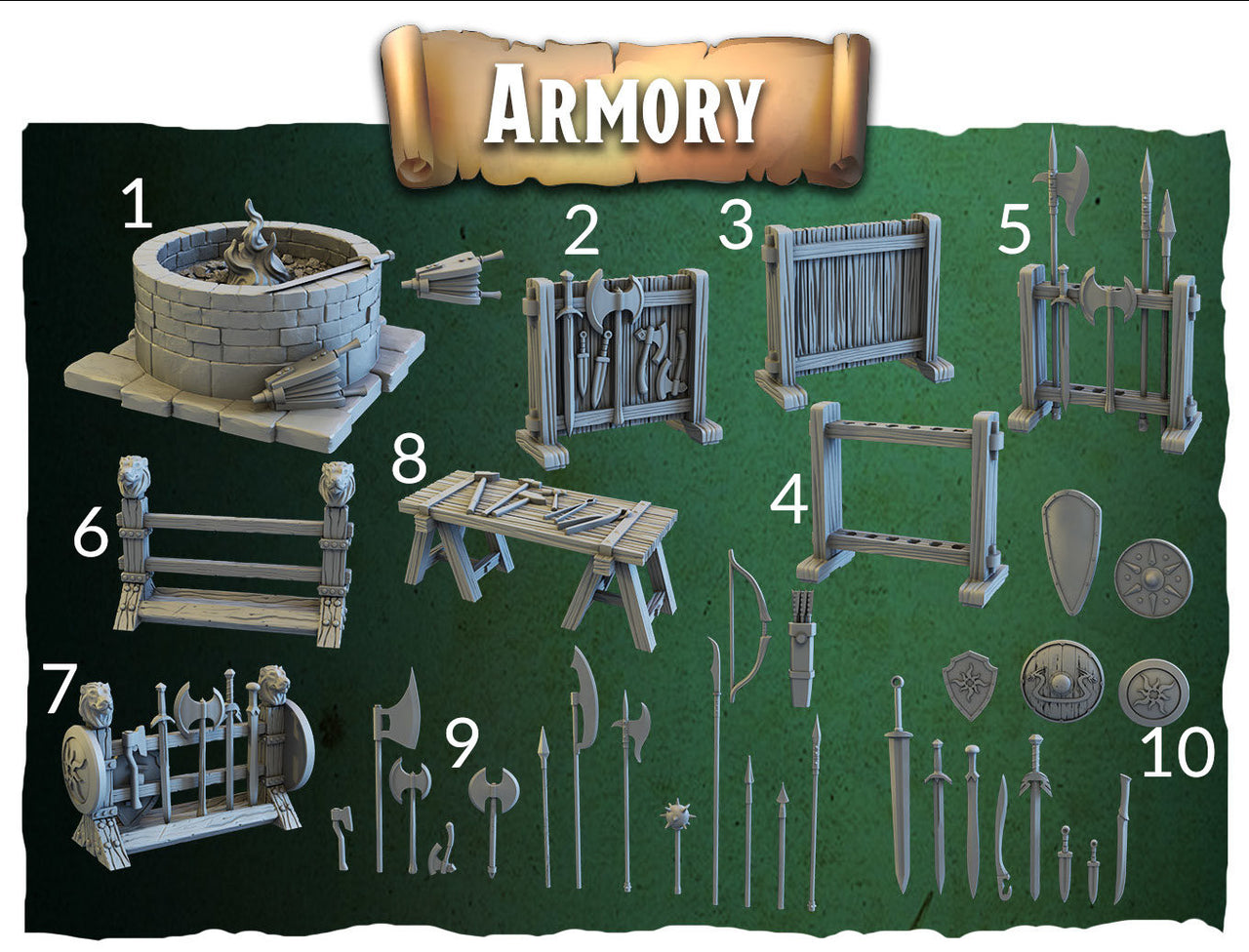Armory Decor - Crippled God Foundry, Dungeon of Despair | 32mm | Scatter Terrain | Forge | Weapons | Rack | Guardpost