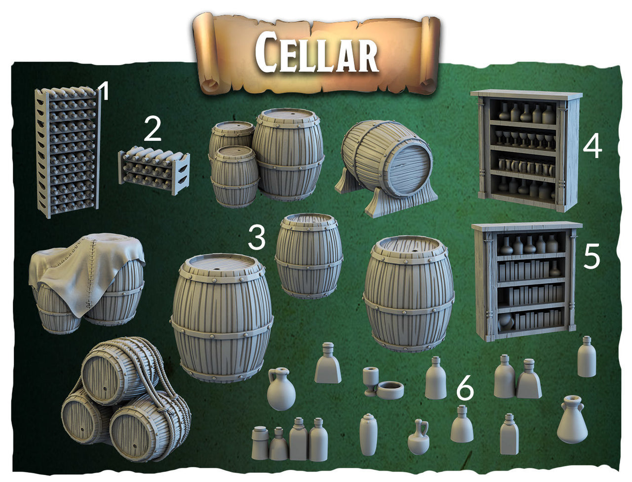 Cellar Decor - Crippled God Foundry, Dungeon of Despair | 32mm | Scatter Terrain | Wine | Barrels | Bottles