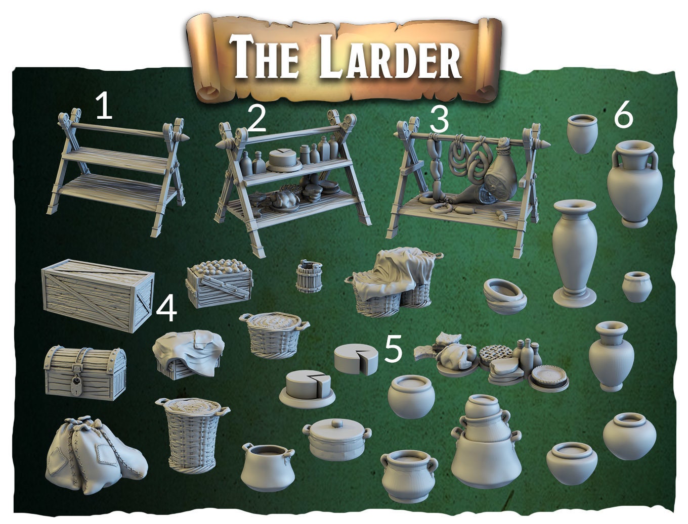 Larder Decor - Crippled God Foundry, Dungeon of Despair | 32mm | Scatter Terrain | M<eat | Cheese | Food | Pantry