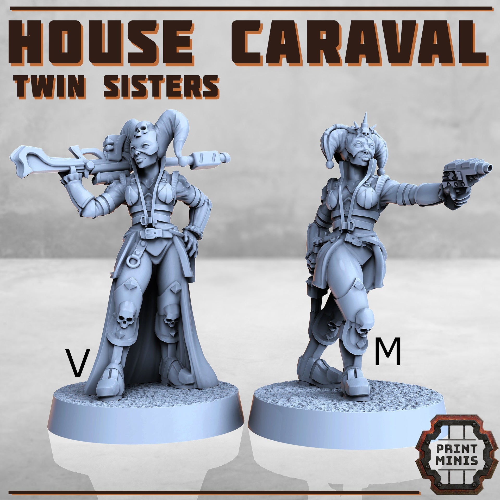 House Caraval, Twin Sister Cult Leaders - Print Minis | Sci Fi | 28mm Heroic | Vittoria | Maddalena | Jester | Clown