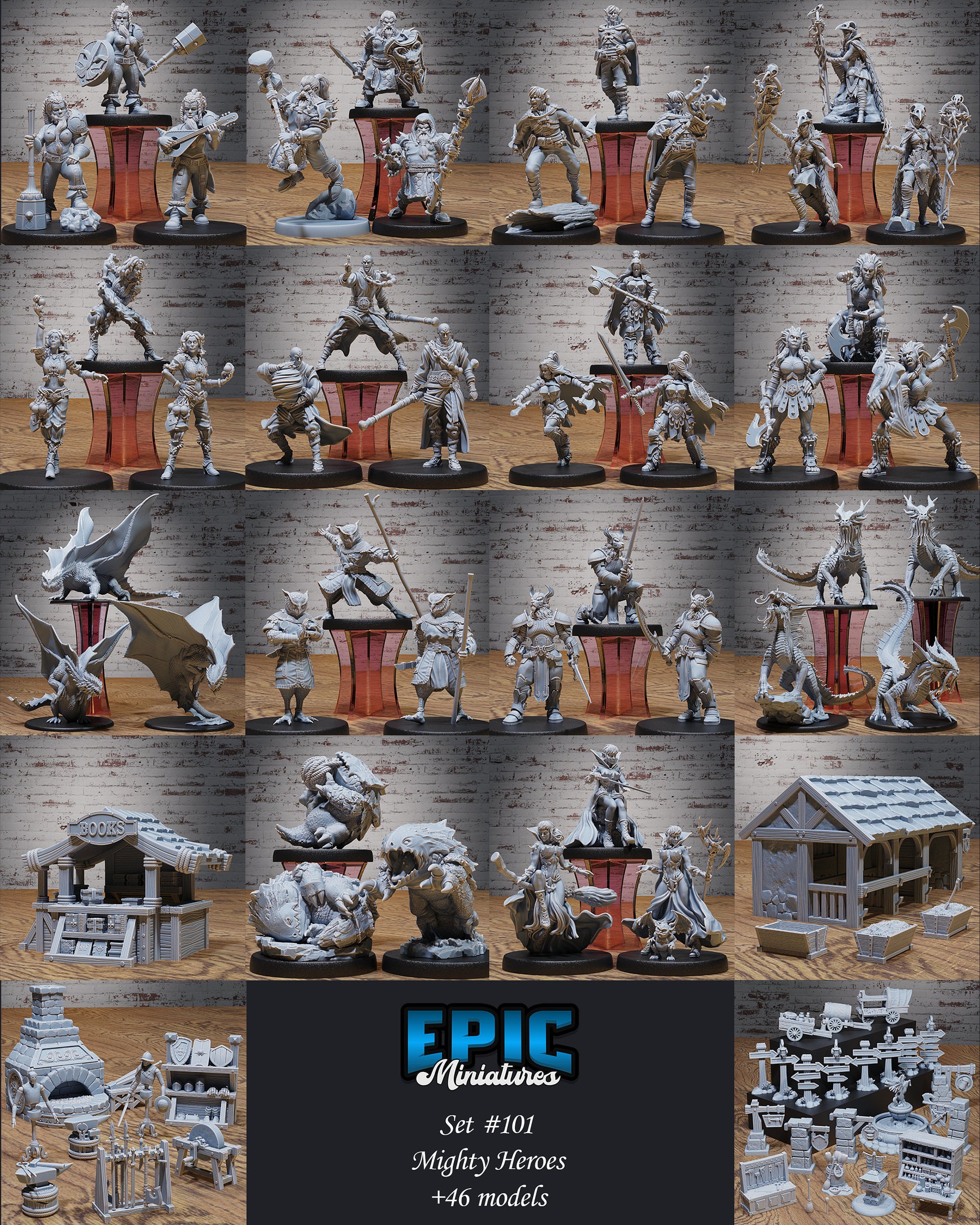 Merchant Town Scatter Terrain - Epic Miniatures | Mighty Heroes | 28mm | 32mm | Sign Post | Shop | Fountain