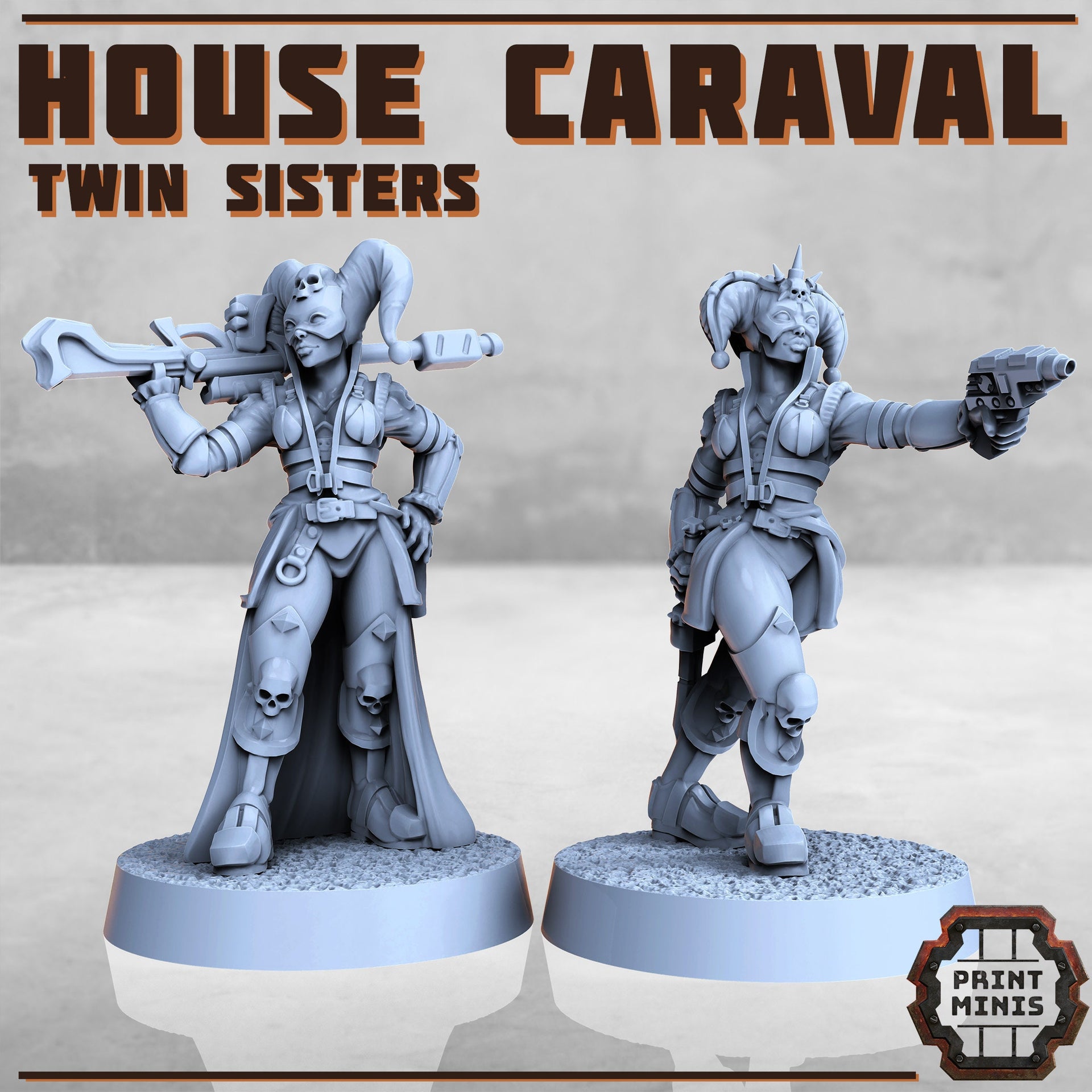 House Caraval, Twin Sister Cult Leaders - Print Minis | Sci Fi | 28mm Heroic | Vittoria | Maddalena | Jester | Clown