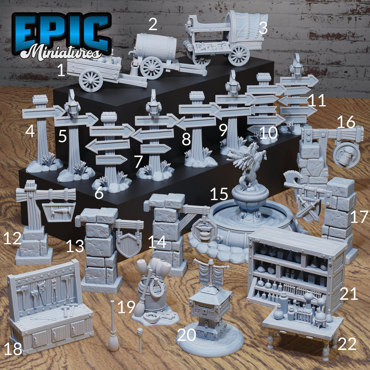 Merchant Town Scatter Terrain - Epic Miniatures | Mighty Heroes | 28mm | 32mm | Sign Post | Shop | Fountain