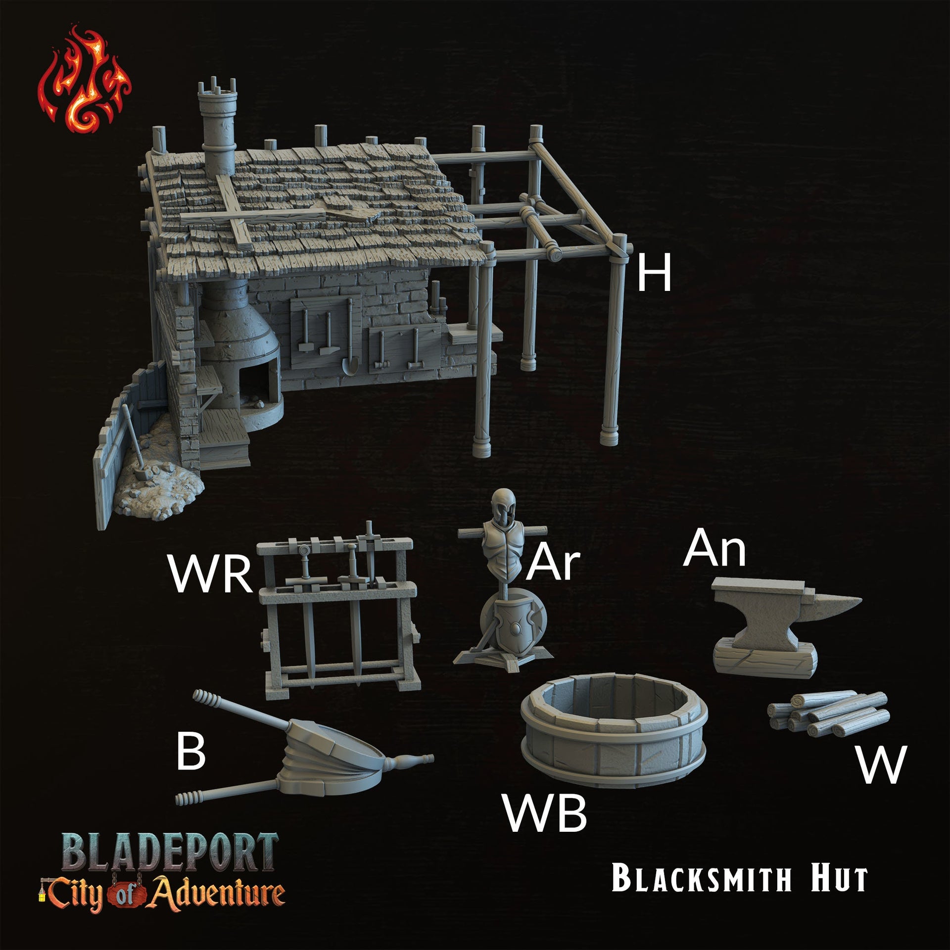 Blacksmith Hut and Propr - Crippled God Foundry, Bladeport | 32mm | Anvil | Belows | Forge