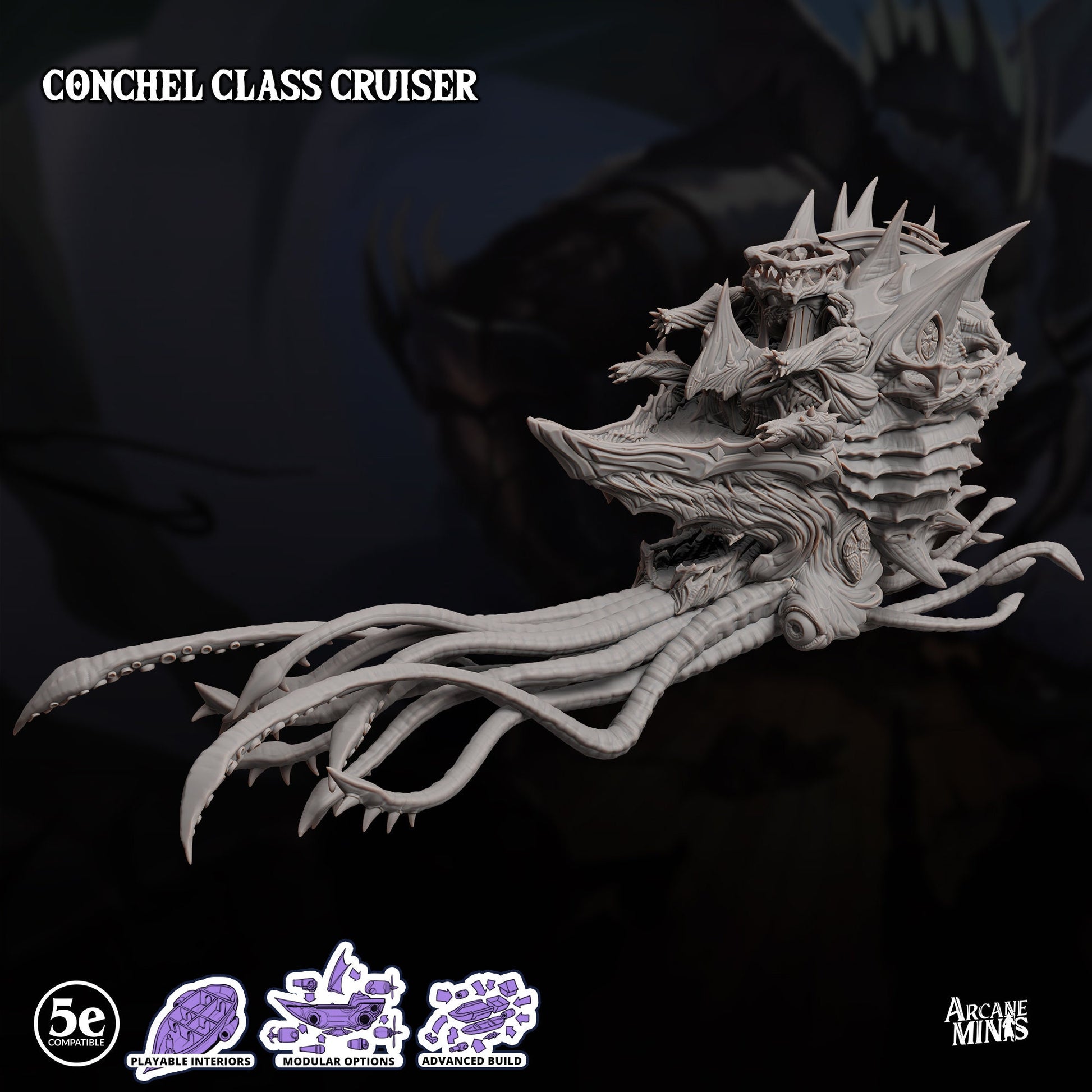 Conchel Class Cruiser - Arcane Minis | 32mm | Psychic Squids | Airship | Massive! | Playable Interior | 1195mm Long!