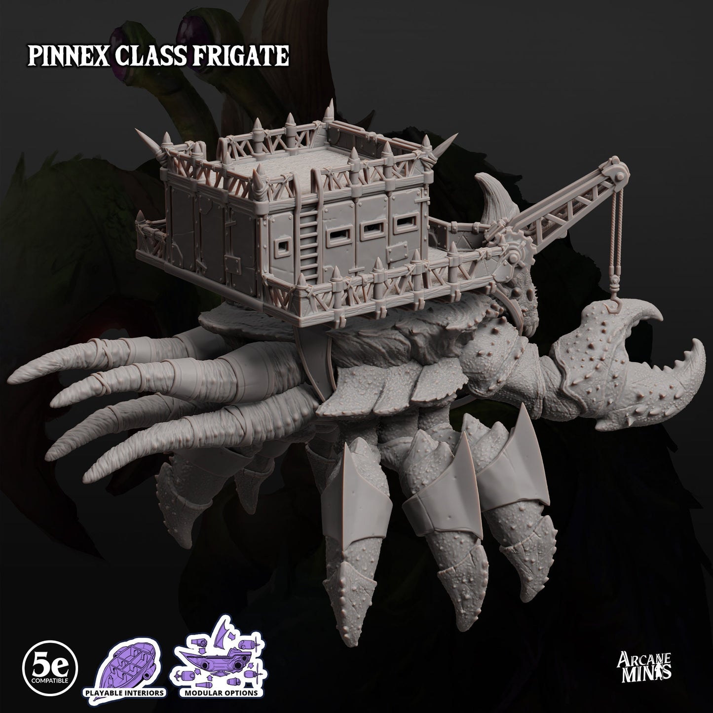 Pinnex Frigate, Crab Airship - Arcane Minis | 32mm | Research Station | Playable Interior | Crane | Lobster