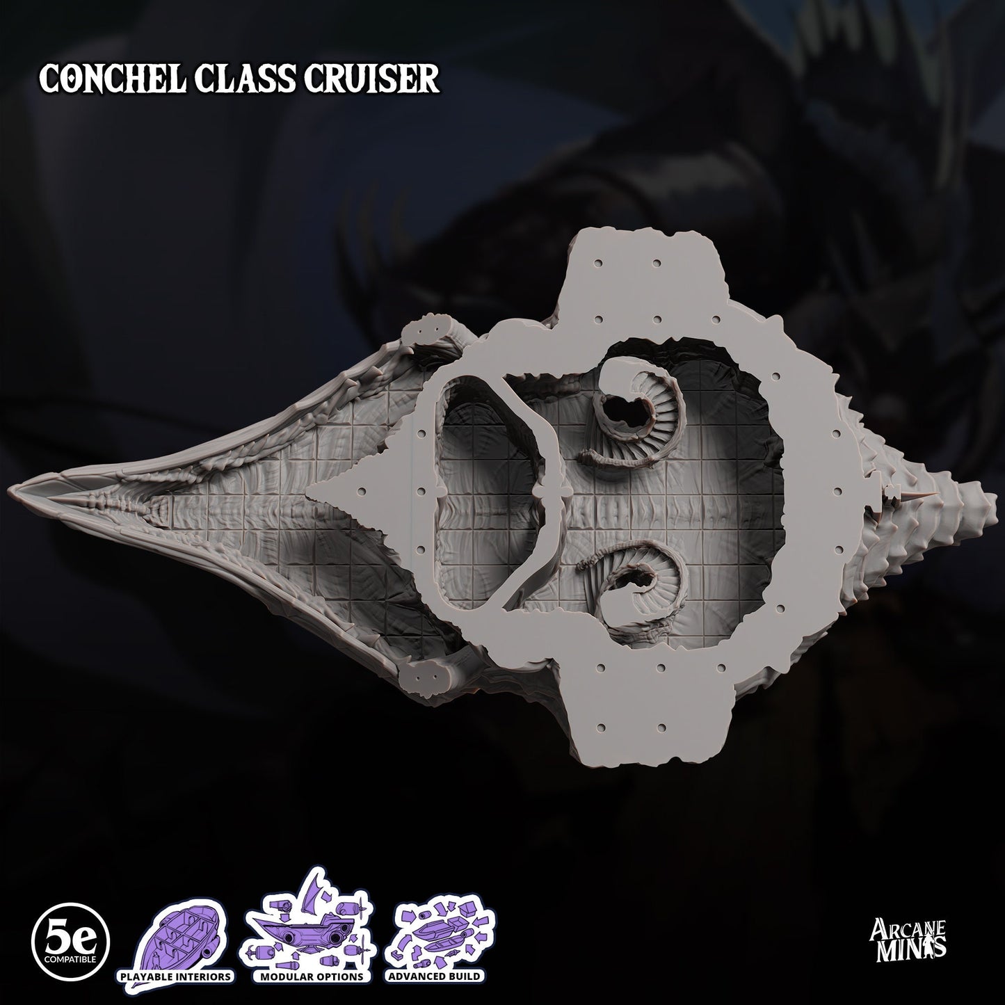 Conchel Class Cruiser - Arcane Minis | 32mm | Psychic Squids | Airship | Massive! | Playable Interior | 1195mm Long!