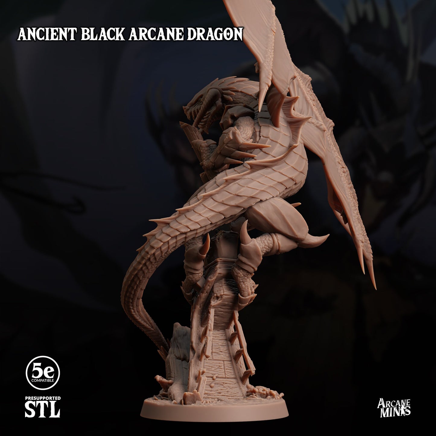 Ancient Black Arcane Dragon - Arcane Minis | 32mm | Chromatic | Swamp
