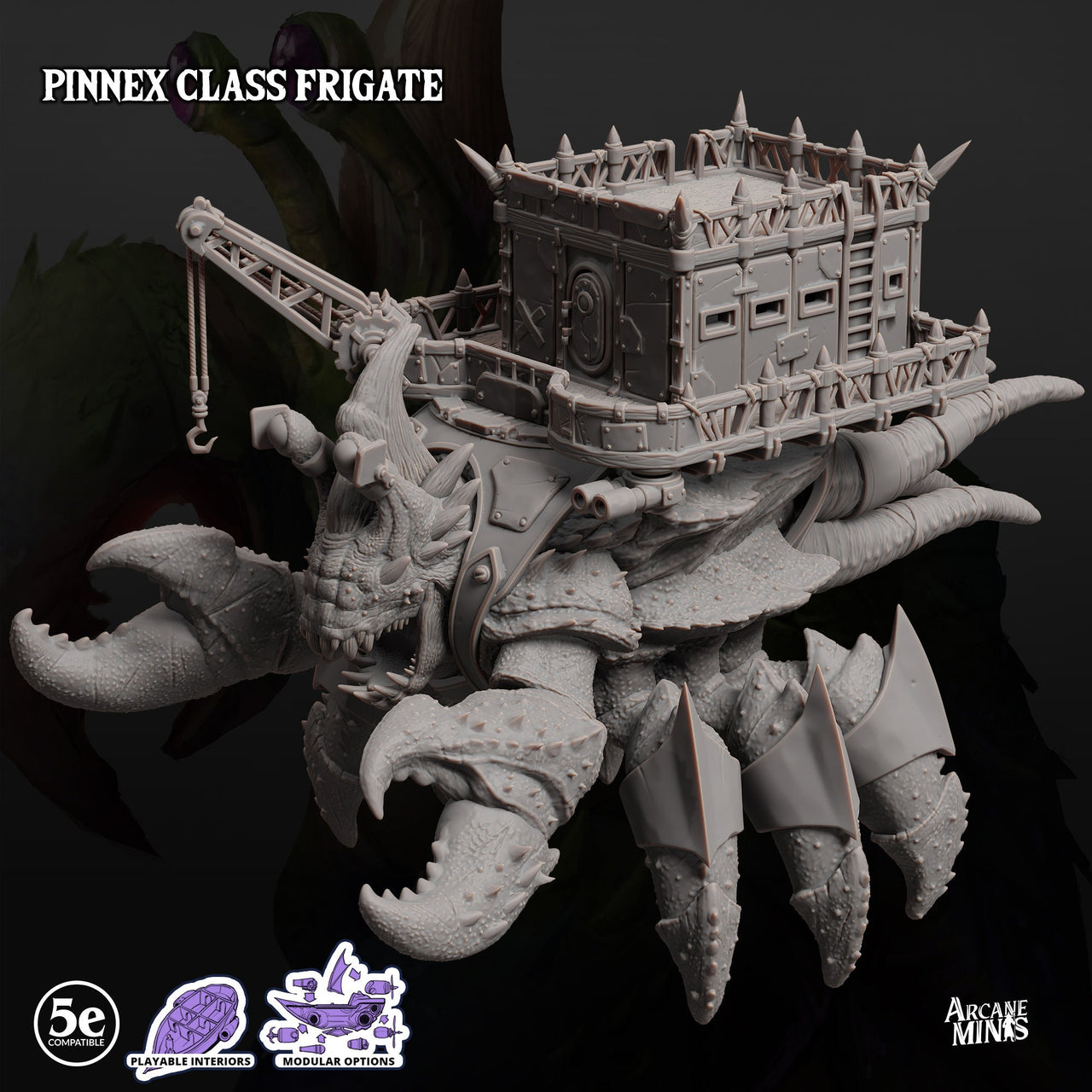 Pinnex Frigate, Crab Airship - Arcane Minis | 32mm | Research Station | Playable Interior | Crane | Lobster