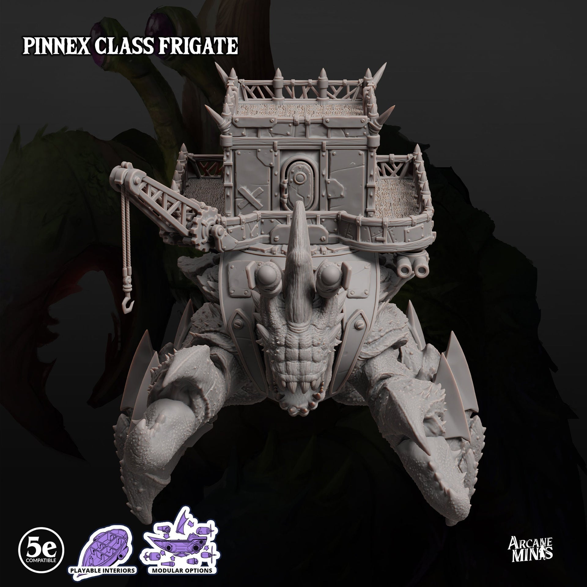 Pinnex Frigate, Crab Airship - Arcane Minis | 32mm | Research Station | Playable Interior | Crane | Lobster