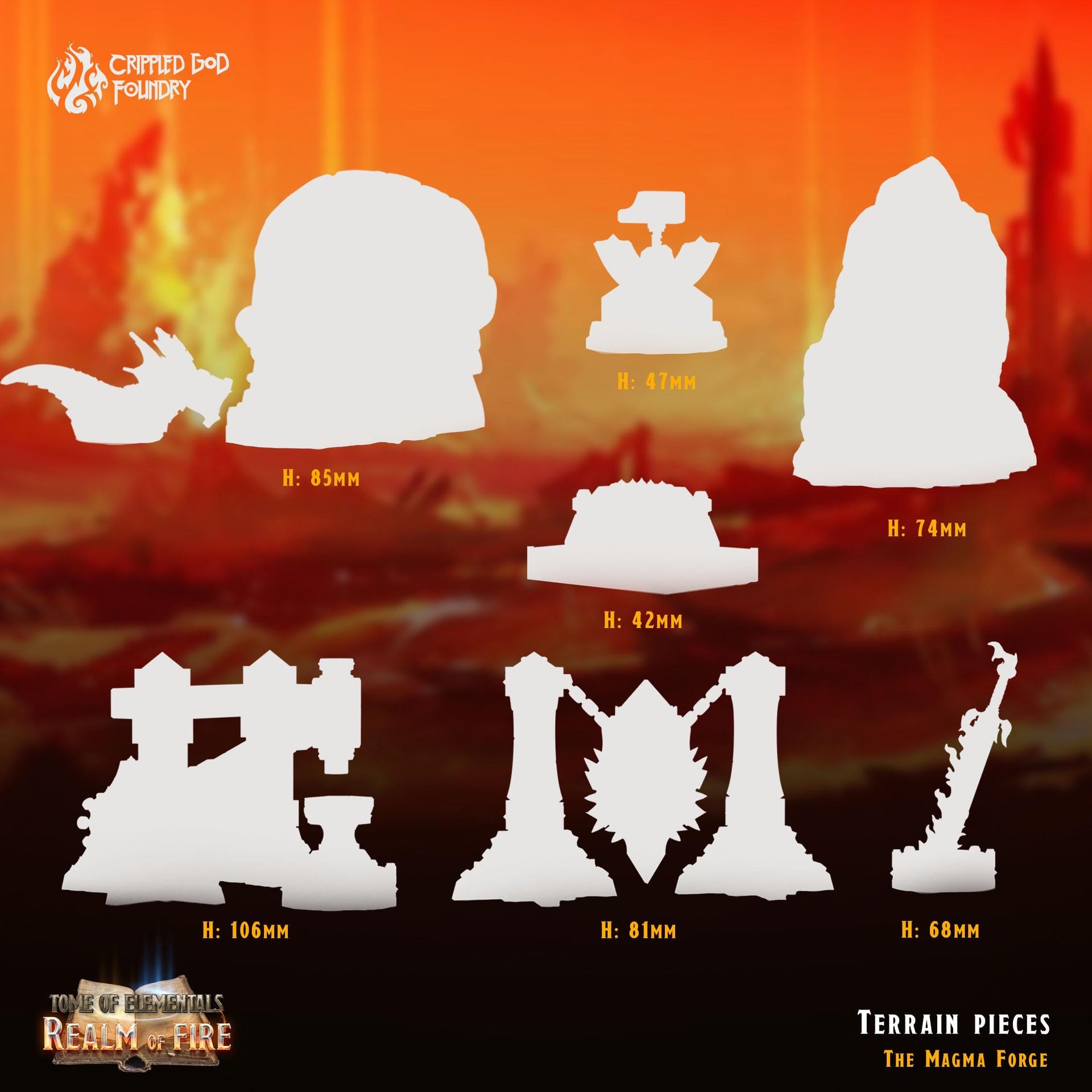 Magma Forge Scenery Pieces - Crippled God Foundry - Realm of Fire | 32mm | Anvil | Hammer | Lava