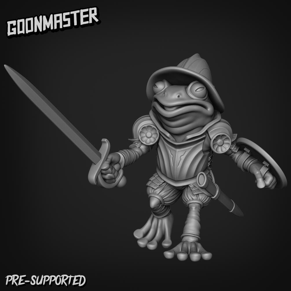 Fancy Frog Swordsman - Goonmaster | Miniature | Wargaming | Roleplaying Games | 32mm | bullywug | Knight | Conquistador