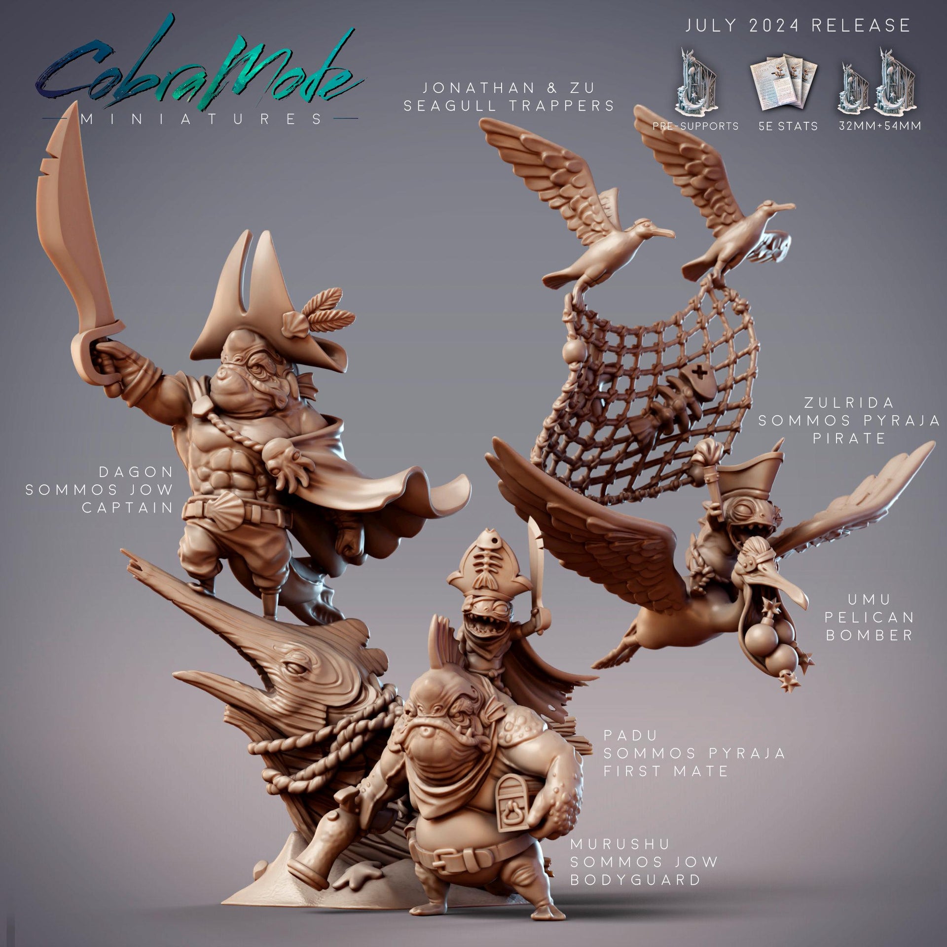 Pirates Padu and Murushu, Fishfolk Bandits - CobraMode | Miniature | Wargaming | Roleplaying Games | 32mm | 54mm | Captain