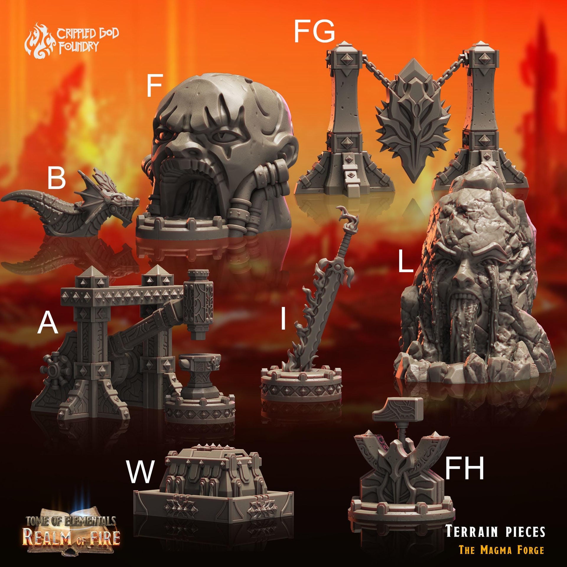 Magma Forge Scenery Pieces - Crippled God Foundry - Realm of Fire | 32mm | Anvil | Hammer | Lava