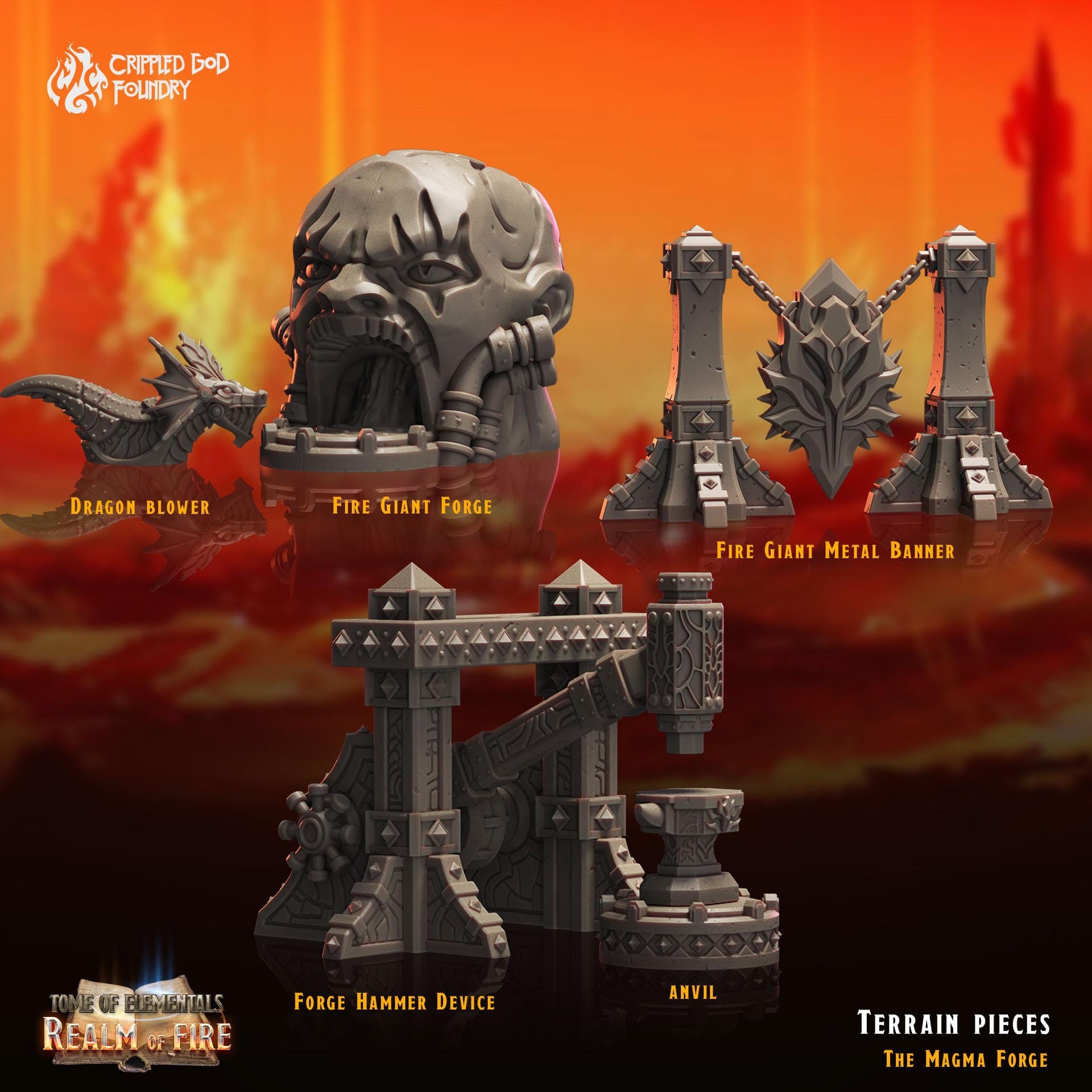 Magma Forge Scenery Pieces - Crippled God Foundry - Realm of Fire | 32mm | Anvil | Hammer | Lava