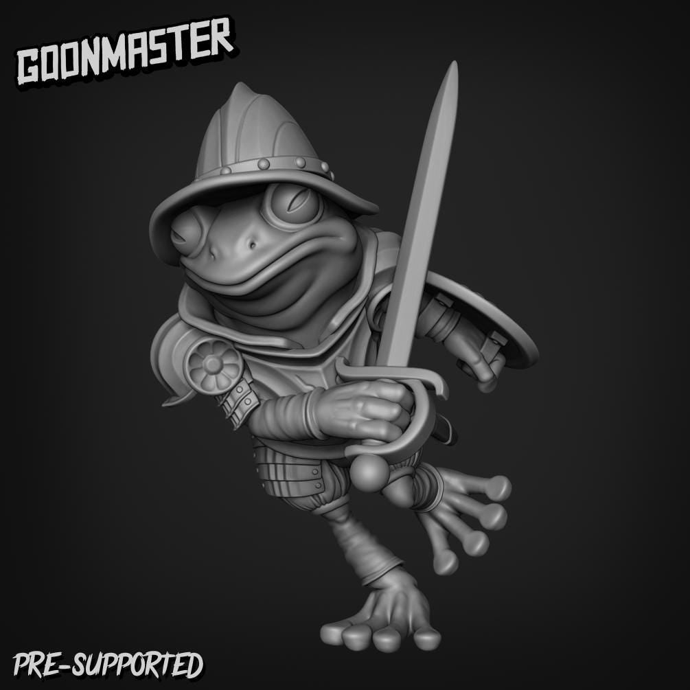 Fancy Frog Swordsman - Goonmaster | Miniature | Wargaming | Roleplaying Games | 32mm | bullywug | Knight | Conquistador