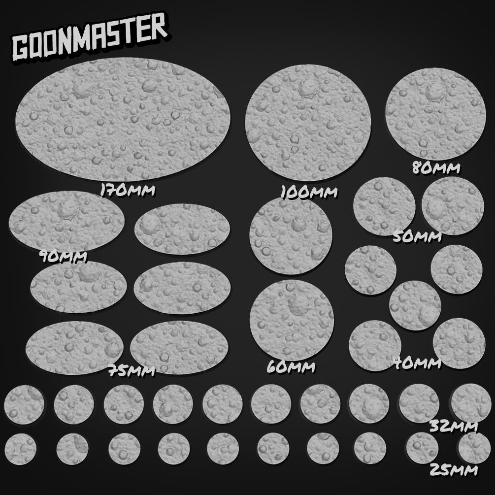 Moon Crater Bases - Goonmaster | 25mm, 32mm, 40mm, 60, 75mm, and more for roleplaying and wargaming! Ready for Magnetizing!