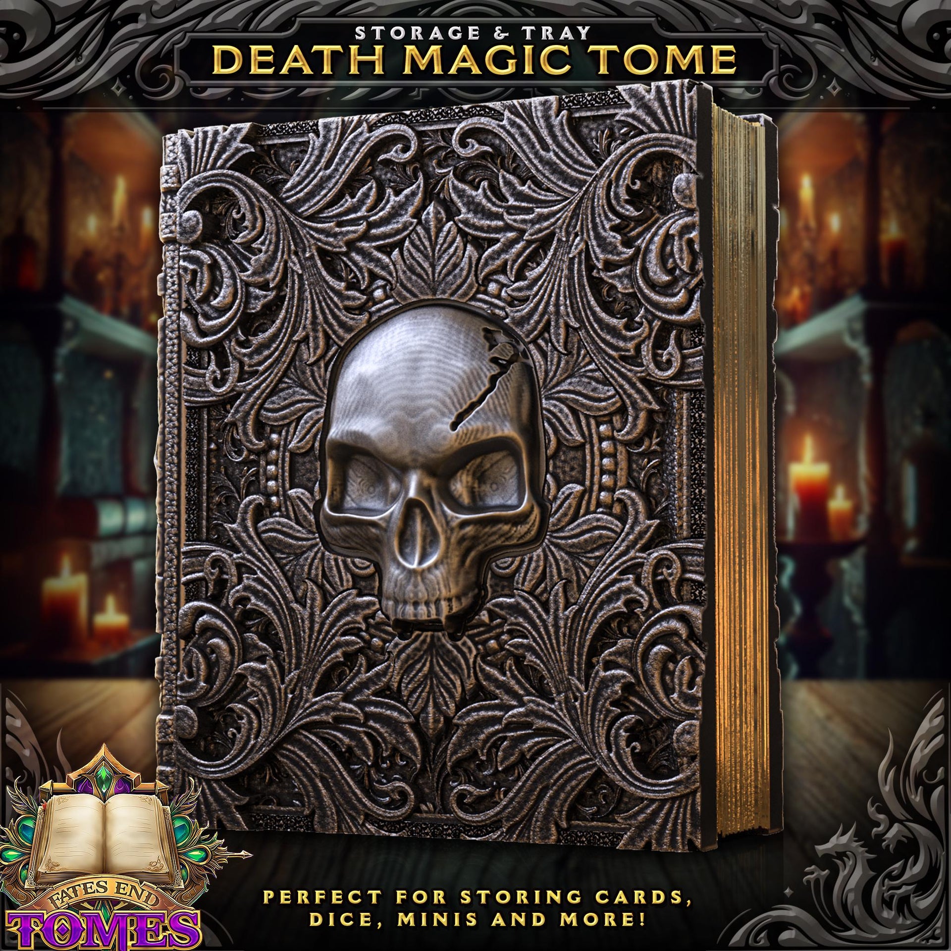 Death Magic Book Dice Box - Fates End | Hold all your Dice, Minis, Cards, and More!