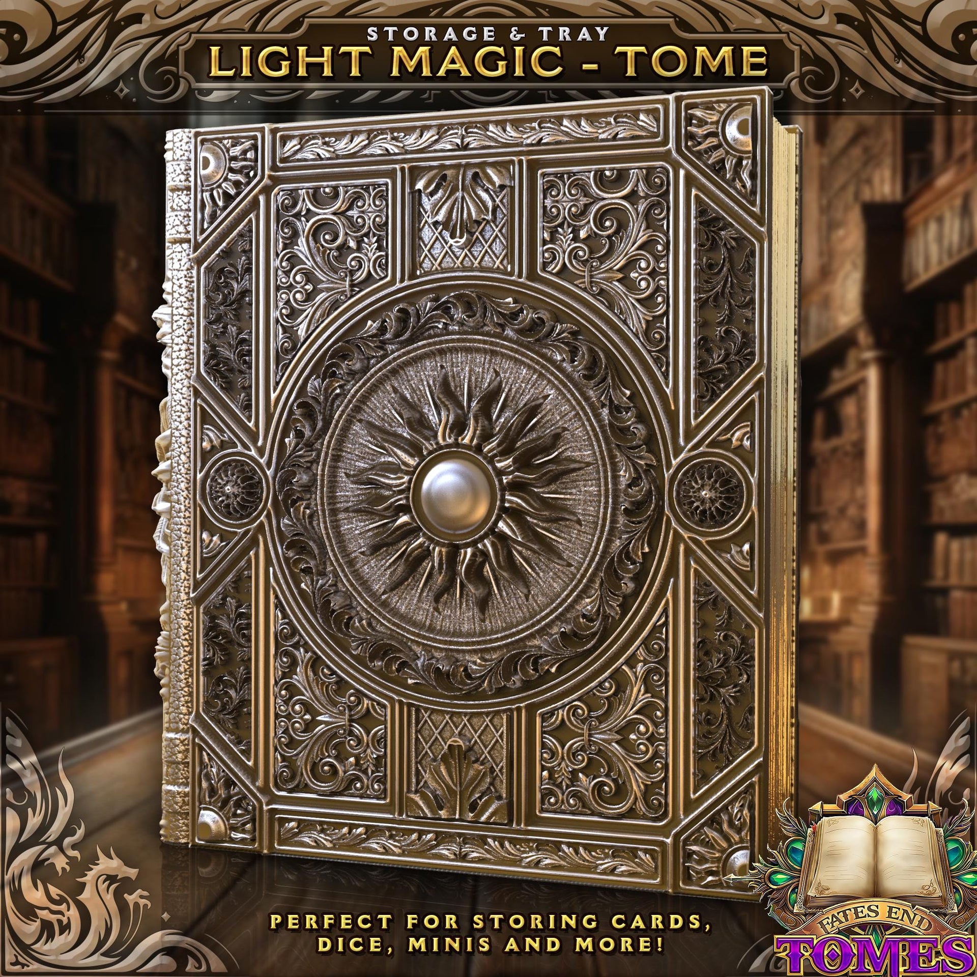 Light Magic Book Dice Box - Fates End | Hold all your Dice, Minis, Cards, and More!