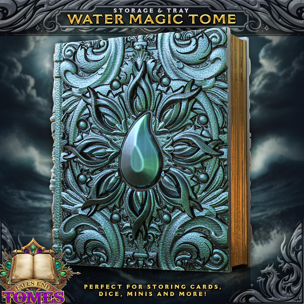 Water Magic Book Dice Box - Fates End | Hold all your Dice, Minis, Cards, and More!