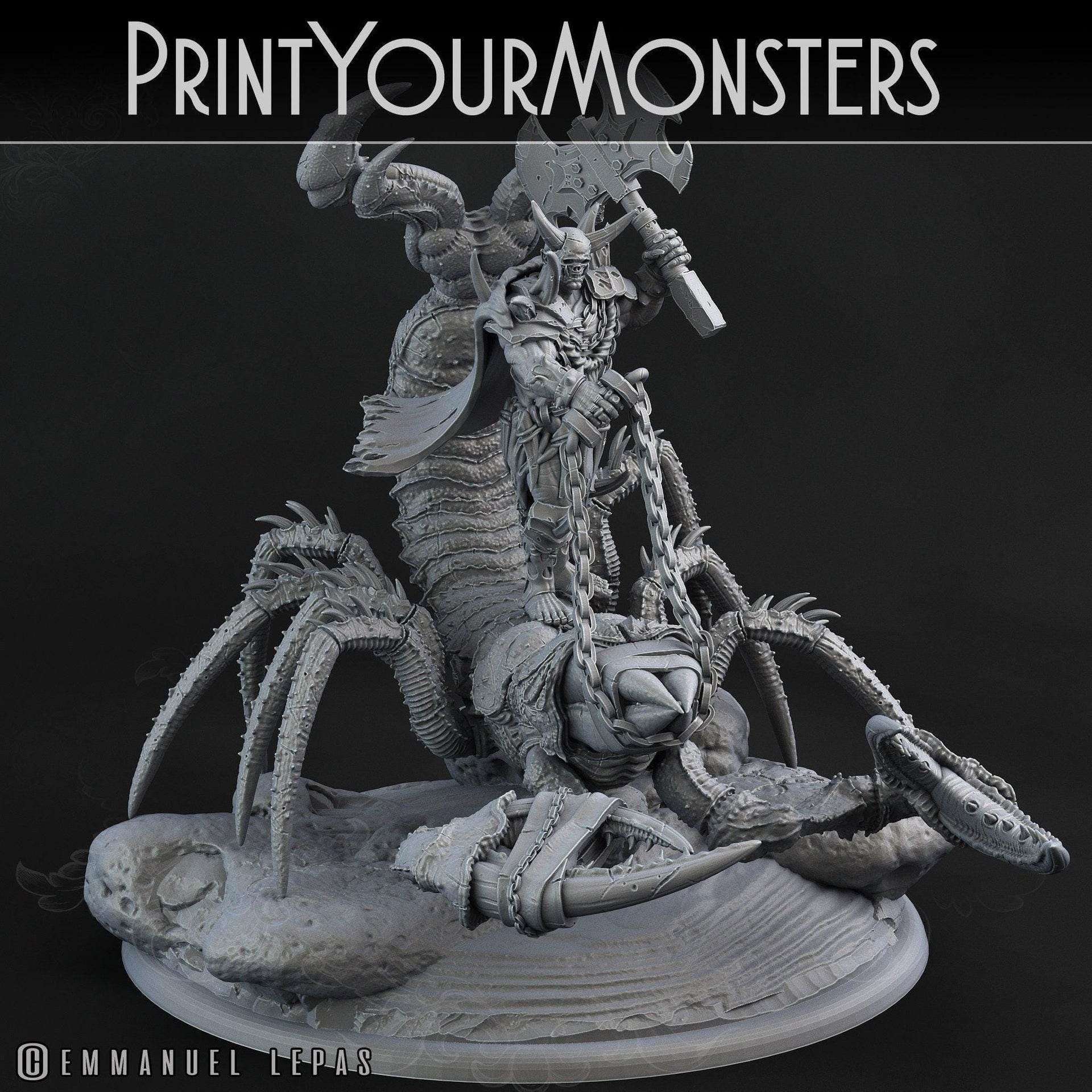 Orc Champion with Sand Fisher Mount - Print Your Monsters
