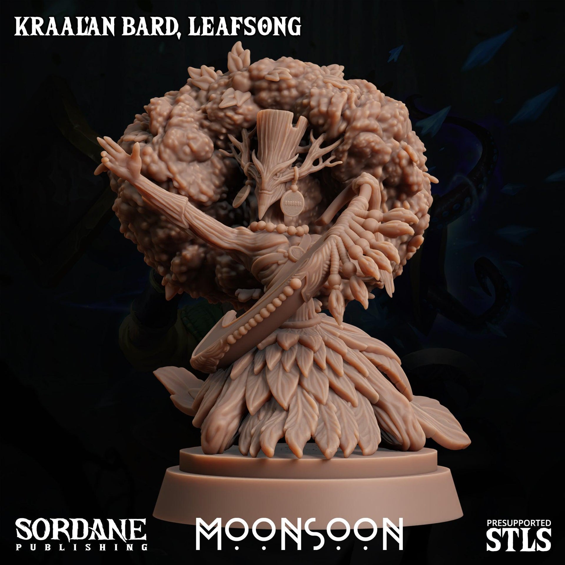 Kraalan Bard Leafsong. Tree Folk Musician - Sordane Publishing | 28mm and 32mm | Wargaming | DnD | Tabletop Roleplaying