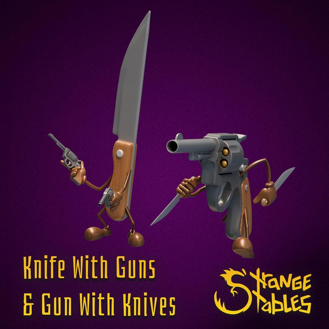 Gun with Knives, and Knife with Guns - Strange Stables | 28mm and 32mm | Wargaming | DnD | Tabletop Roleplaying