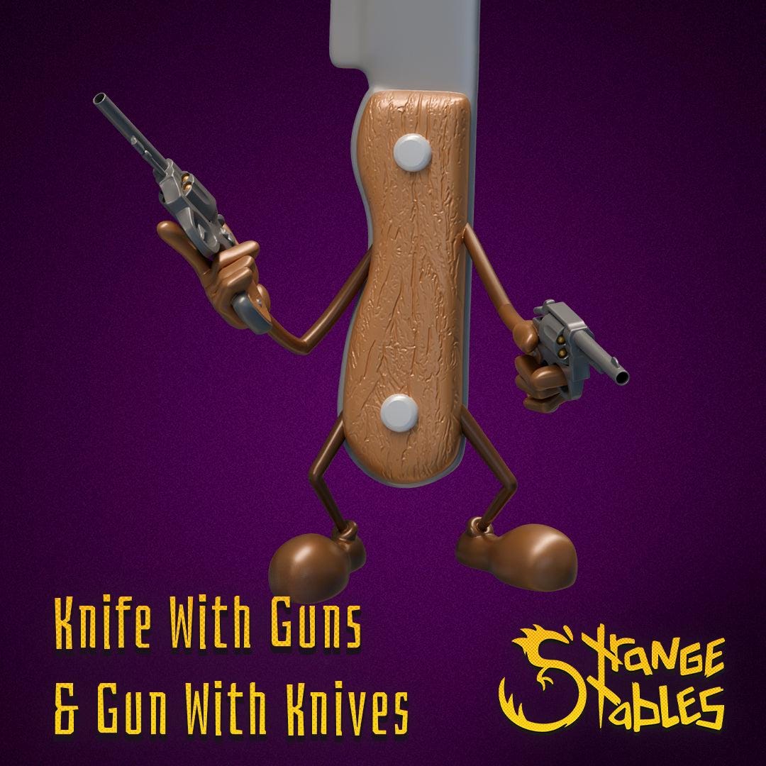 Gun with Knives, and Knife with Guns - Strange Stables | 28mm and 32mm | Wargaming | DnD | Tabletop Roleplaying