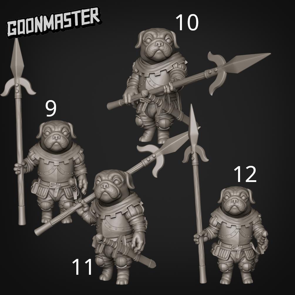 Battle Pugs. Pug Knights with Spears - Goonmaster | 28mm and 32mm | Wargaming | DnD | Tabletop Roleplaying