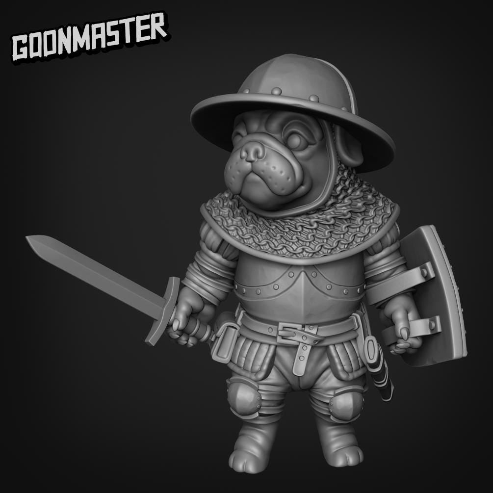 Battle Pugs. Pug Knights with Swords - Goonmaster | 28mm and 32mm | Wargaming | DnD | Tabletop Roleplaying
