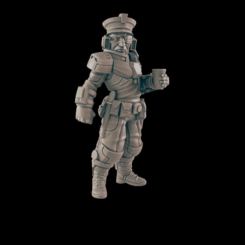 Coffee Cop. Cyberpunk Police- Ec3d | 28mm and 32mm | Wargaming | DnD | Tabletop Roleplaying