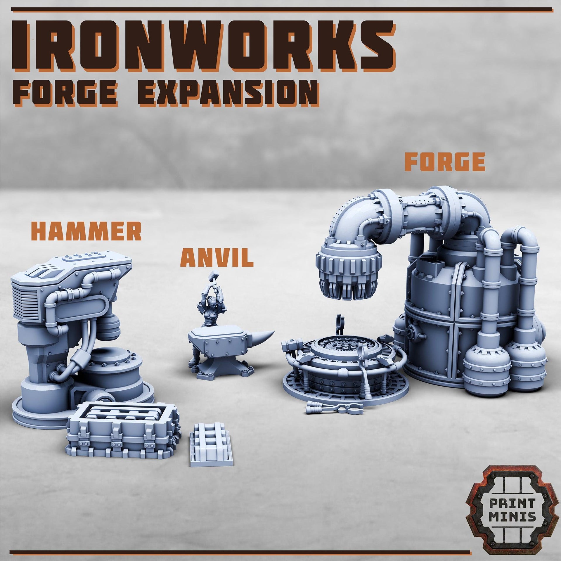 Ironworks Expansion, Blacksmith, Forge, and Power Hammer- Print Minis | 28mm and 32mm | Wargaming | DnD | Tabletop Roleplaying