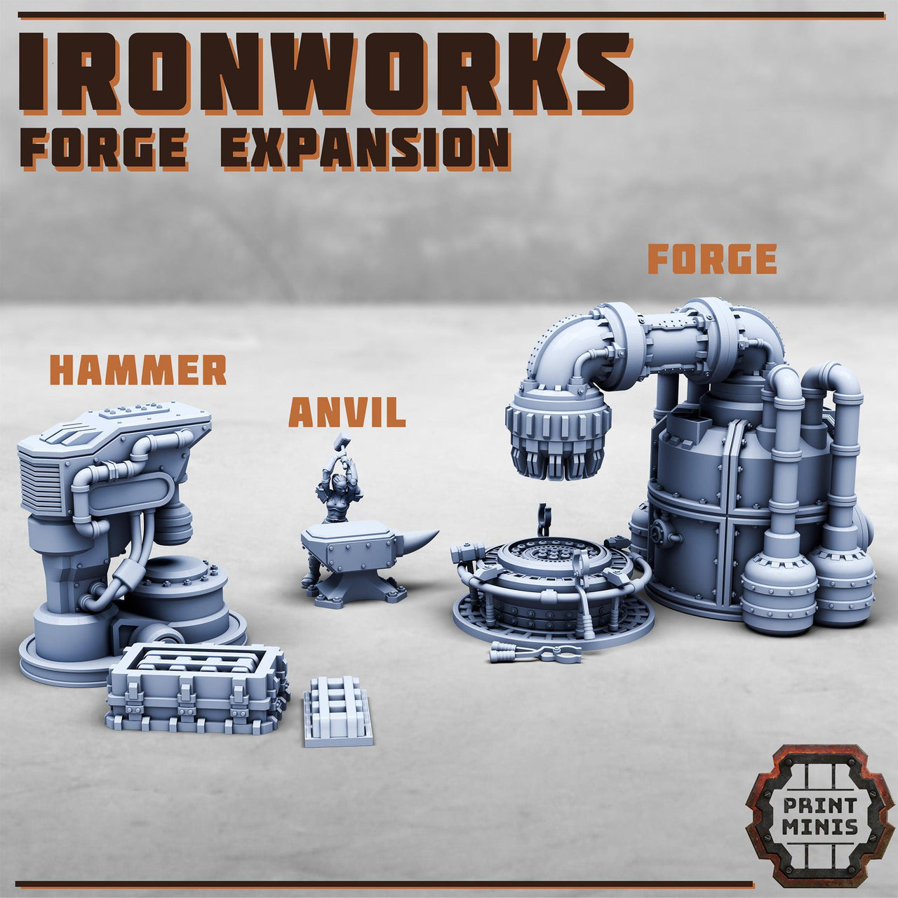 Ironworks Expansion, Blacksmith, Forge, and Power Hammer- Print Minis | 28mm and 32mm | Wargaming | DnD | Tabletop Roleplaying