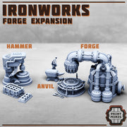 Ironworks Expansion, Blacksmith, Forge, and Power Hammer- Print Minis | 28mm and 32mm | Wargaming | DnD | Tabletop Roleplaying