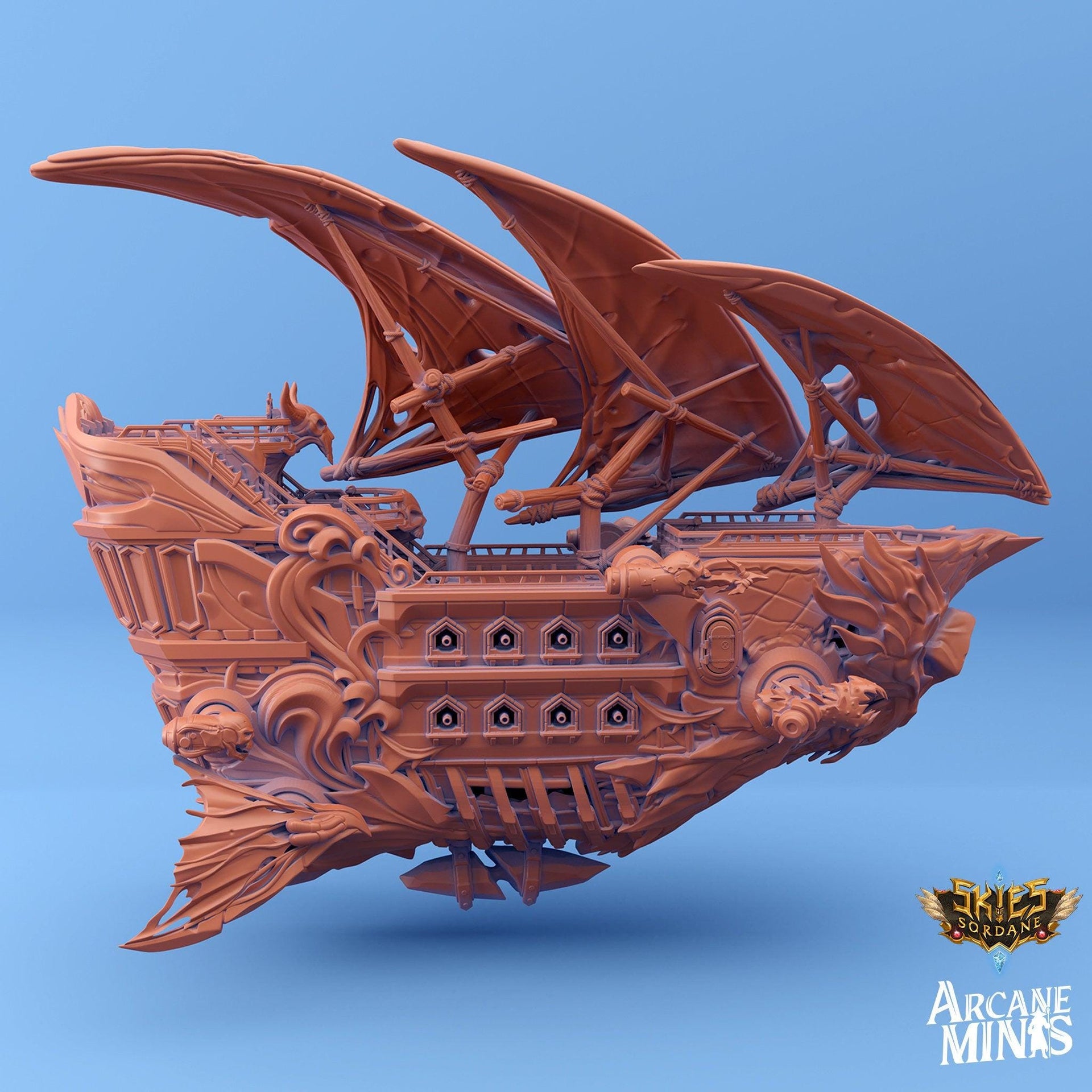 Carcassite airship, Umierta Undead - Arcane Minis | 32mm | Destroyer | Sails | Pirate Ship | Ghost Ship